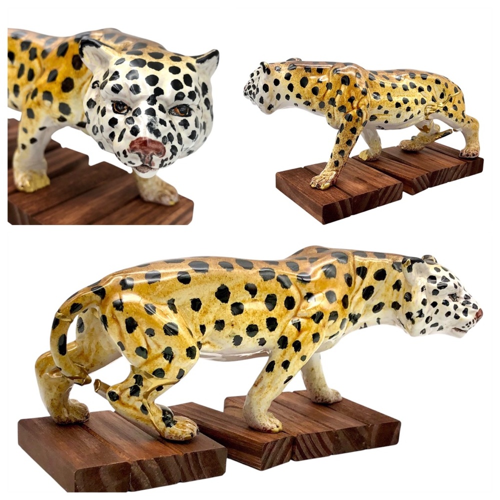 Kintsugi Italian Pottery Cheetah Statuette Majolica Gold Crack Art Gift Italy
